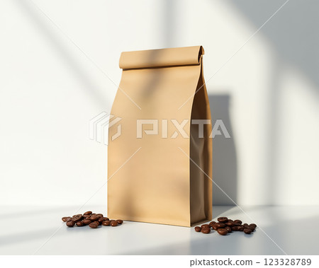 Coffee bag with roasted beans on a table in bright sunlight highlighting texture 123328789