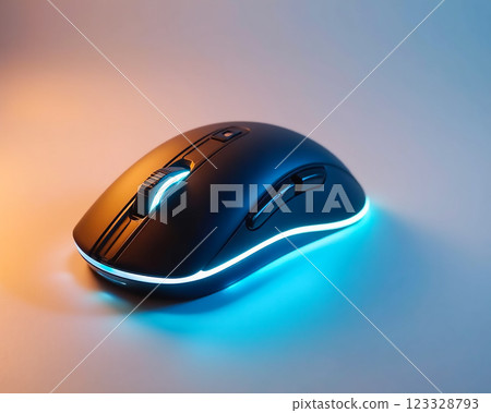 Sleek gaming mouse with vibrant LED lighting for enhanced gaming experience and comfort in use Sleek gaming mouse with vibrant LED lighting for enhanced gaming experience and comfort in use 123328793