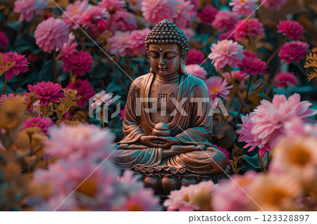 Ancient statue great Buddha on bright holiday composition, abstract vivid composition consists of fictional unreal fantastic vision on background 123328897