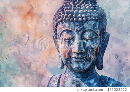 Ancient statue great Buddha on bright holiday composition, abstract vivid composition consists of fictional unreal fantastic vision on background 123328912