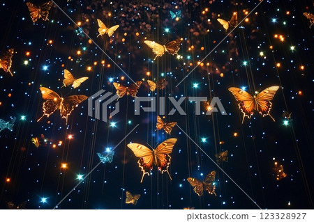 Butterflies illuminate a starry night sky in a mesmerizing display of nature's beauty and magic 123328927