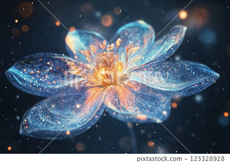 Cosmic flower blooms in vibrant colors against a starry galaxy background 123328928