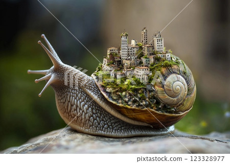 Snail carrying a miniature city on its back in a vibrant natural setting during daylight hours 123328977