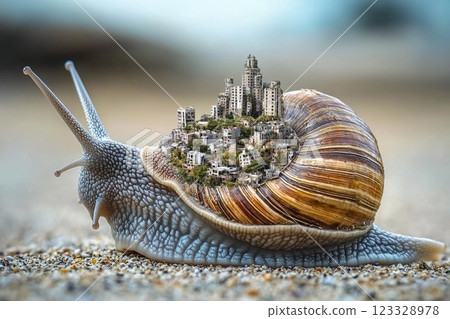 Snail carrying a miniature city on its back in a vibrant natural setting during daylight hours 123328978