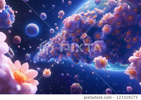 Blooming planet full of vibrant flowers set against a cosmic backdrop Blooming planet full of vibrant flowers set against a cosmic backdrop 123329173