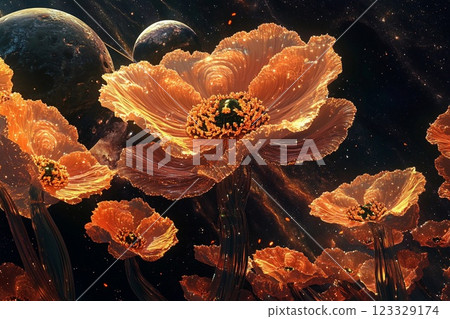 Blooming planet full of vibrant flowers set against a cosmic backdrop 123329174