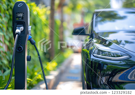 Power source for charging battery of beautiful hybrid electric car on road, abstract vivid composition consists of fictional unreal fantastic vision on background 123329182