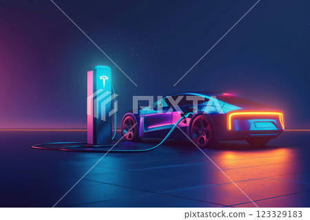 Power source for charging battery of beautiful hybrid electric car on road, abstract vivid composition consists of fictional unreal fantastic vision on background 123329183