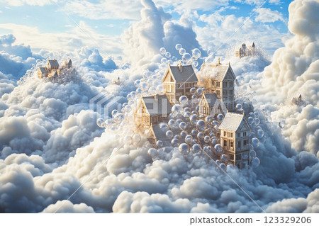 Magical village floating in clouds with glowing windows and soap bubbles at sunset Magical village floating in clouds with glowing windows and soap bubbles at sunset 123329206