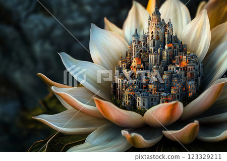 Fantasy cityscape nestled within a giant lotus flower in a surreal landscape 123329211
