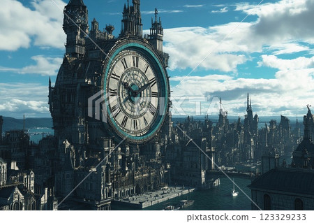 Clock tower forms the centerpiece of a breathtaking medieval cityscape under a clear sky 123329233