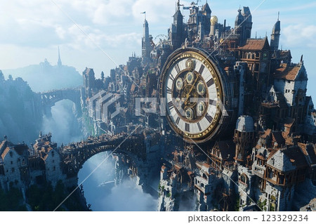Clock tower forms the centerpiece of a breathtaking medieval cityscape under a clear sky 123329234