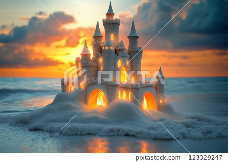 Sandcastle masterpiece glows at sunset on a beach with crashing waves 123329247