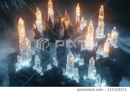 Majestic castle surrounded by towering crystal formations on a misty mountaintop 123329251