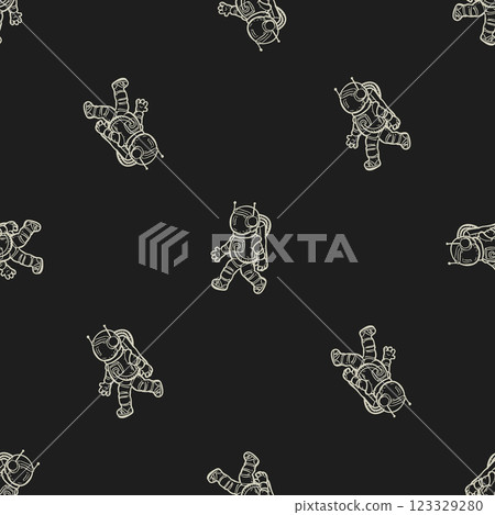 Astronauts monochrome seamless pattern. Black and white doodle art on a dark background. Space adventures and travel in universe. Fabric wrapping vector print design 123329280
