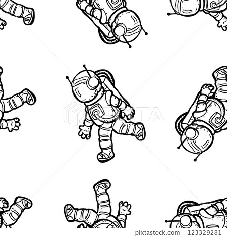 Astronauts monochrome seamless pattern. Black and white doodle art. Space adventures and travel in universe. Fabric wrapping vector print design 123329281