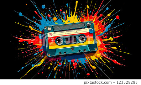 Colorful cassette tape with vibrant paint splatter background showcasing retro music culture 123329283