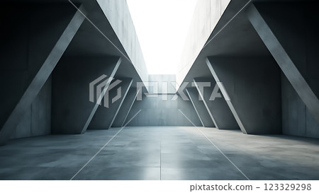 Minimalist architectural space with stark angles and light filtering through an opening Minimalist architectural space with stark angles and light filtering through an opening 123329298