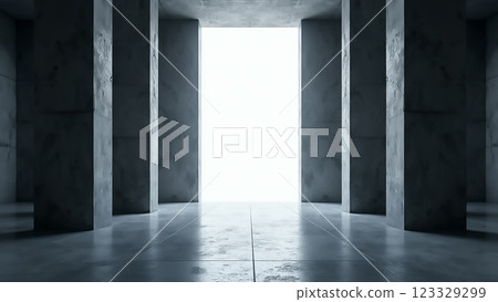 Light flooding through a modern architectural corridor with concrete pillars at a minimalist structure Light flooding through a modern architectural corridor with concrete pillars at a minimalist structure 123329299
