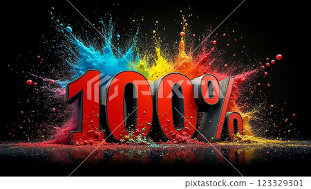 Vibrant explosion of color with 100 percent sign representing energy and creativity Vibrant explosion of color with 100 percent sign representing energy and creativity 123329301