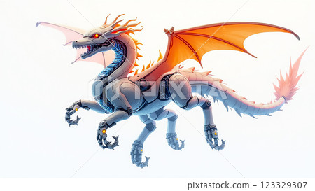 Futuristic robotic dragon soaring through a bright sky with vibrant wings and fierce presence 123329307