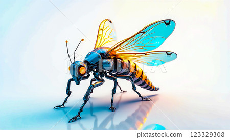 Robotic bee with metallic features and vibrant wings exploring a futuristic environment at dawn 123329308