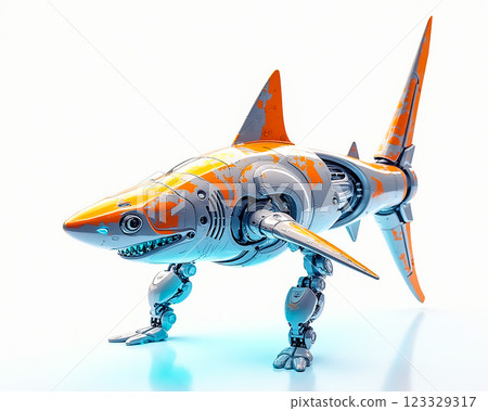 Robotic shark model showcases futuristic design with vibrant orange accents and intricate mechanical features 123329317