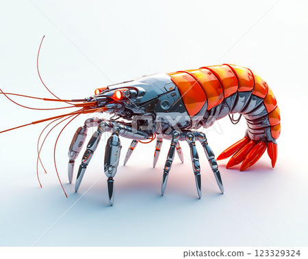 Futuristic robotic shrimp with metallic and vibrant orange design on a white background showcasing advanced technology Futuristic robotic shrimp with metallic and vibrant orange design on a white background showcasing advanced technology 123329324