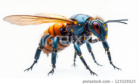 Futuristic robotic bee with intricate design and vibrant colors against a white background Futuristic robotic bee with intricate design and vibrant colors against a white background 123329325