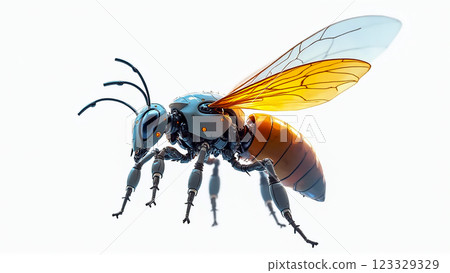 Robot bee flying through a bright background showcasing futuristic design and technology 123329329