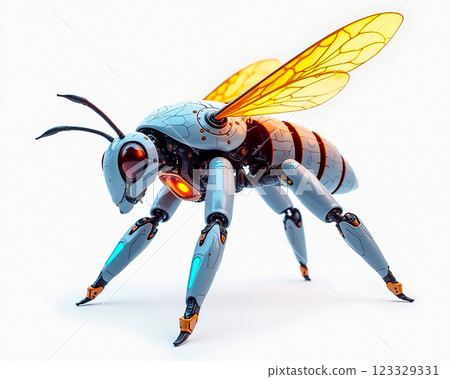 Robot bee with glowing features exploring a futuristic environment in bright light Robot bee with glowing features exploring a futuristic environment in bright light 123329331