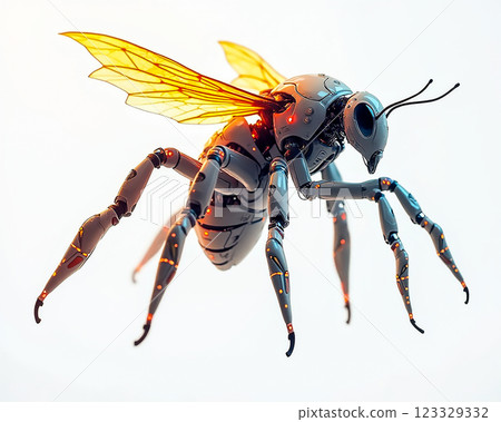 Futuristic robotic bee with intricate design and glowing features hovering against a light background Futuristic robotic bee with intricate design and glowing features hovering against a light background 123329332