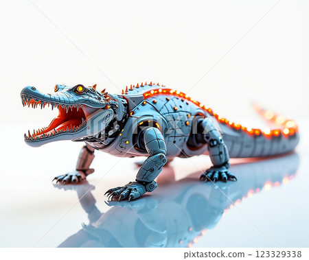 Robot alligator with glowing features showcasing advanced technology and creativity in a futuristic design setting 123329338