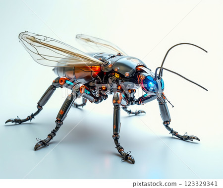 Futuristic robotic bee with intricate details and glowing features engaged in a creative design studio environment Futuristic robotic bee with intricate details and glowing features engaged in a creative design studio environment 123329341