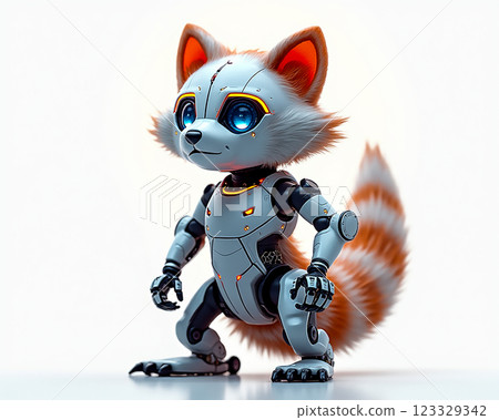 Robotic raccoon character stands confidently with bright blue eyes and robotic features in an imaginative setting 123329342