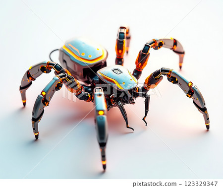 Realistic robotic spider design with intricate detailing and vibrant colors showcased in a modern setting Realistic robotic spider design with intricate detailing and vibrant colors showcased in a modern setting 123329347