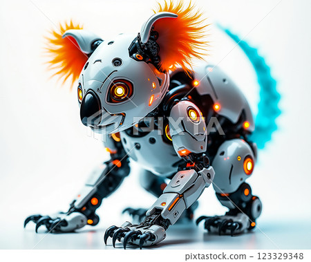 Robotic koala with vibrant features explores futuristic environment at technology exhibit Robotic koala with vibrant features explores futuristic environment at technology exhibit 123329348
