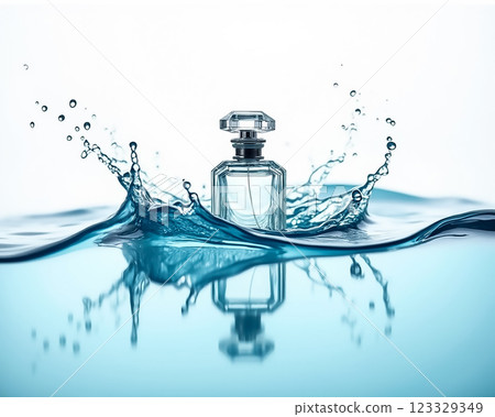 Refreshing fragrance bottle splashes into clear blue water, creating vibrant ripples and reflections Refreshing fragrance bottle splashes into clear blue water, creating vibrant ripples and reflections 123329349
