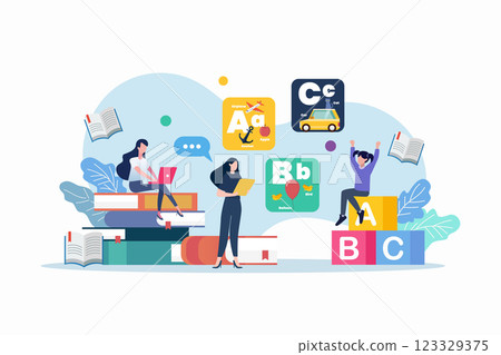 English class scene with miniature people. vector illustration. 123329375