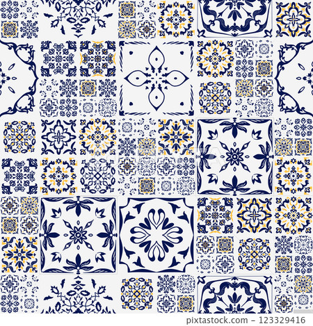 Wallpaper featuring a seamless pattern of blue and yellow square ornamental designs on a white background. Ceramic Portugal tiles. 123329416