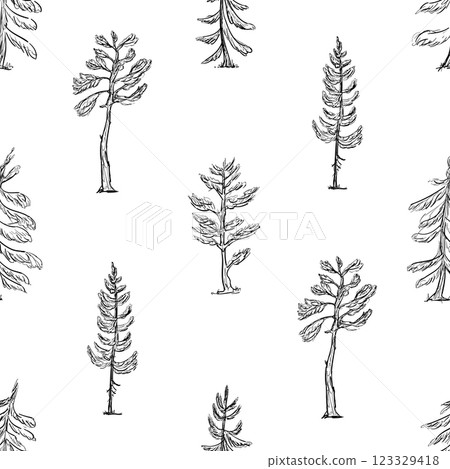 A Seamless Pattern featuring spruce and pine Trees, executed in both Black and White Forest illustration A Seamless Pattern featuring spruce and pine Trees, executed in both Black and White Forest illustration 123329418