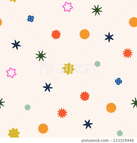 Abstract Seamless Pattern. A vibrant and colorful mix of shapes, such as stars and circle, ideal for modern designs Abstract Seamless Pattern. A vibrant and colorful mix of shapes, such as stars and circle, ideal for modern designs 123329448