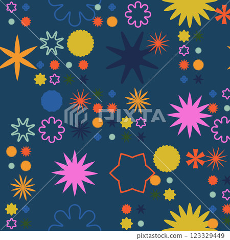 Abstract Seamless Pattern. A vibrant and colorful mix of shapes, such as stars and circles, on a dark backdrop, ideal for modern designs Abstract Seamless Pattern. A vibrant and colorful mix of shapes, such as stars and circles, on a dark backdrop, ideal for modern designs 123329449