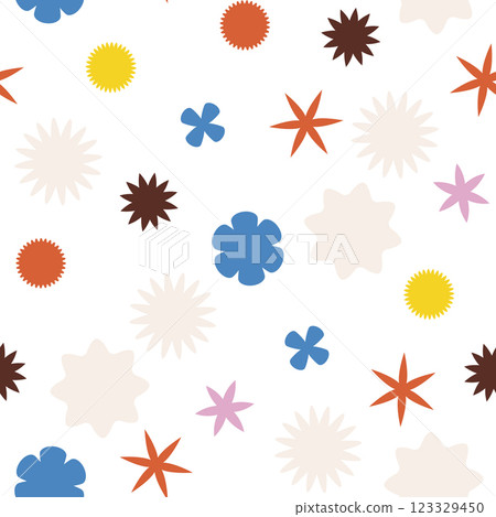 Abstract Seamless Pattern. A vibrant mix of geometric shapes, stars and circles for modern design 123329450