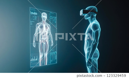 A body X-ray displayed with a hologram. The concept of advanced medical imaging, futuristic healthcare technology, and precision diagnostics. Generative AI. 123329459