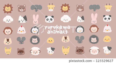 手繪可愛動物圖示集：正常臉和笑臉，幼兒園，托兒所，可愛的插圖 123329627