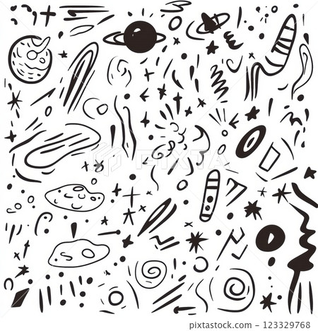 Colorful and imaginative doodles showcase a variety of planets, stars, astronauts, rockets, and satellites in a whimsical outer space setting. Generative AI 123329768