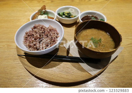 Traditional Japanese Meal with Rice, Miso Soup, Traditional Japanese Meal with Rice, Miso Soup, 123329883