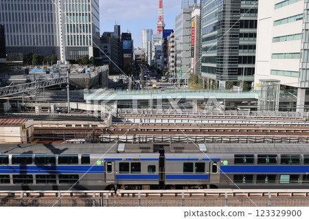 Train Passing Through Hamamatsucho Cityscape with Urban Landscaping Dec 5 2024 123329900