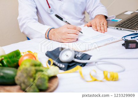 Nutritionist hands taking medical records in the office, Close-up of nutritionist writing on notepad. Concept of nutritionist taking notes on prescription Nutritionist hands taking medical records in the office, Close-up of nutritionist writing on notepad. Concept of nutritionist taking notes on prescription 123329909